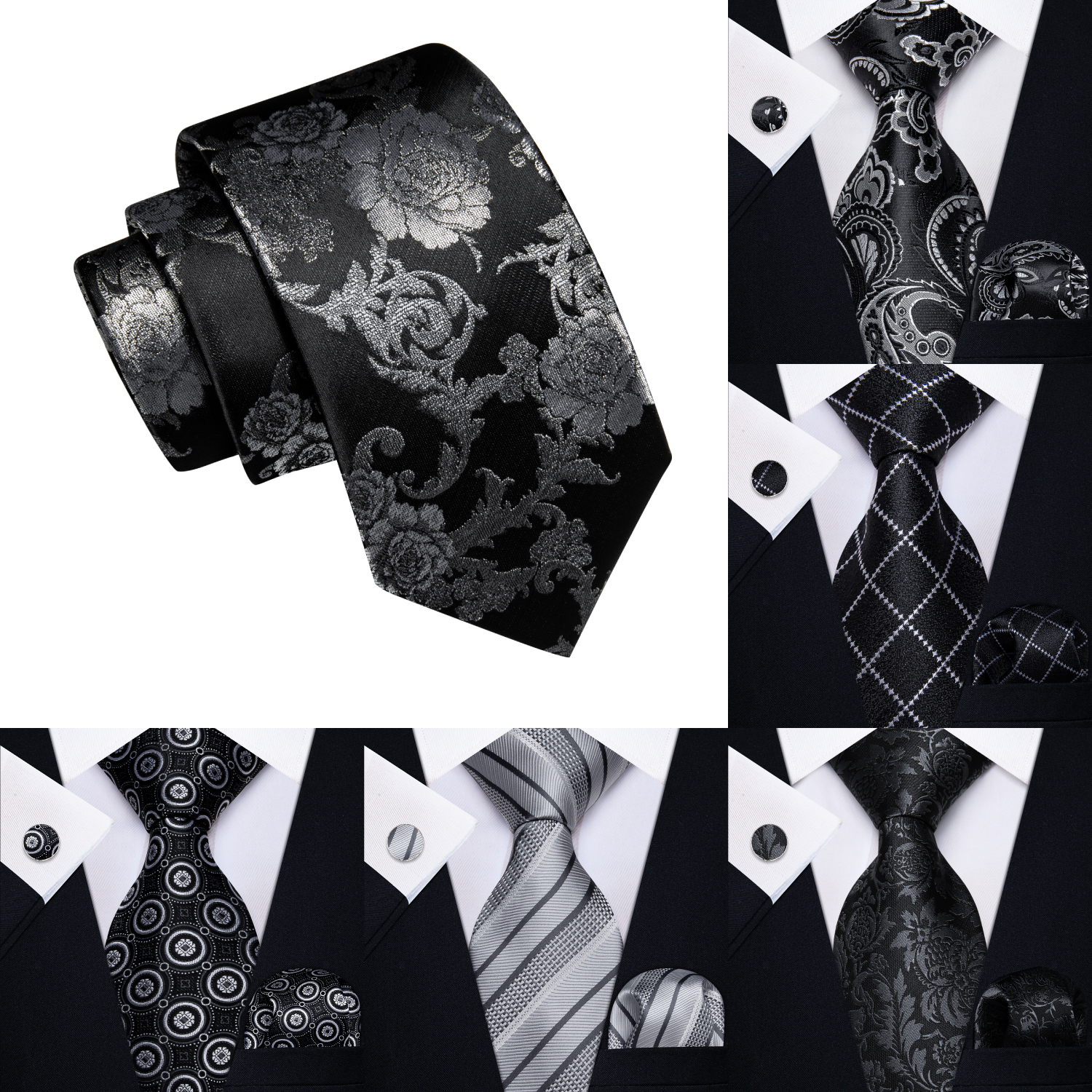 Silk Tie Striped - Men Black White Grey Ties Striped