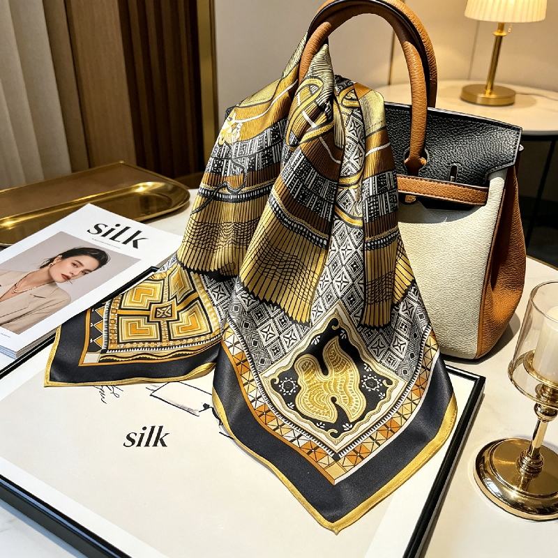 Scarf Silk Square - Premium Retro Thin Black Gold Disc