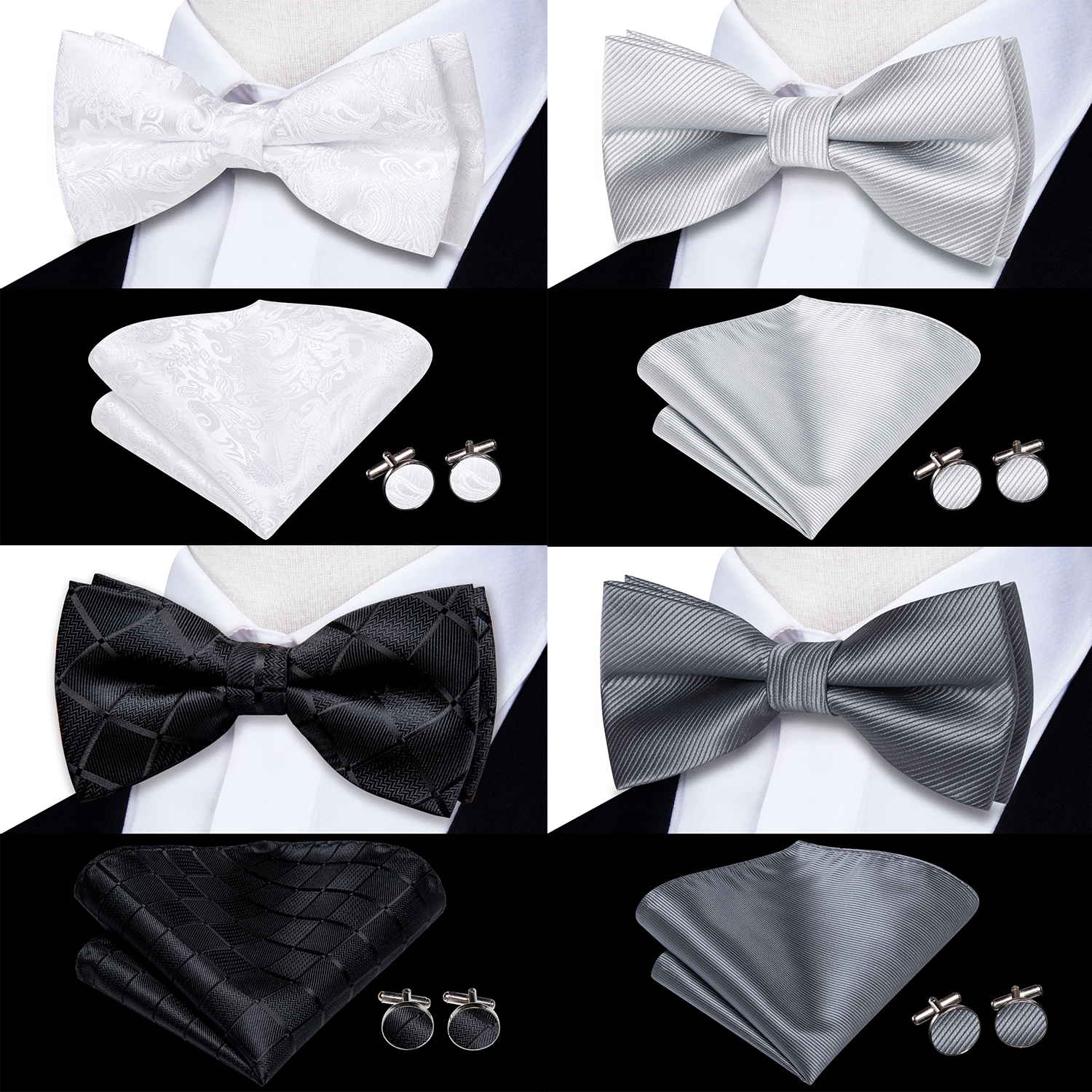 Bow Tie Pre Tied - Hi-Tie Mens Bow Tie Hanky Cufflinks